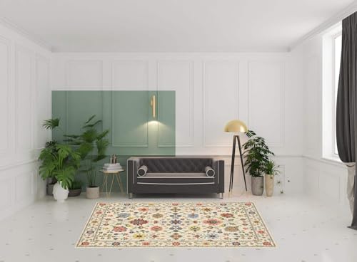 HomeRoots 509286 6 x 9 ft. Ivory Salmon Pink Gold Blues Gray Rust & Green Oriental Power Loom Stain Resistant Rectangle Area Rug with Fringe