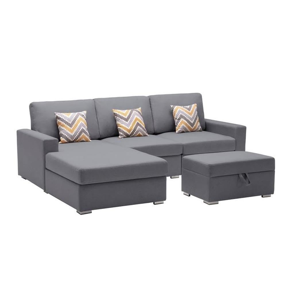 Lilola Home Nolan Gray Linen Fabric 4Pc Reversible Sofa Chaise with Interchangeable Legs, Storage Ottoman, and Pillows
