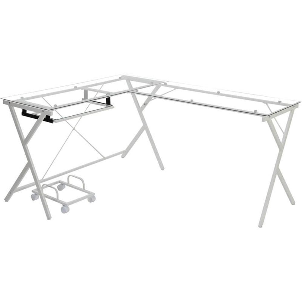 Acme Demas Glass Top L-Shaped Computer Desk with Holder in Clear and White