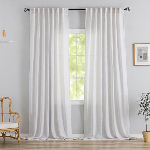 White With Linen Back Tab Curtains 96 Inches Long 2 Panels Set For Modern Hotel - Hooks Belt Pleated Easy Sliding Non See Through Thick Decorative Drapes Rod Pocket Light Filtering Curtains W52 X L96
