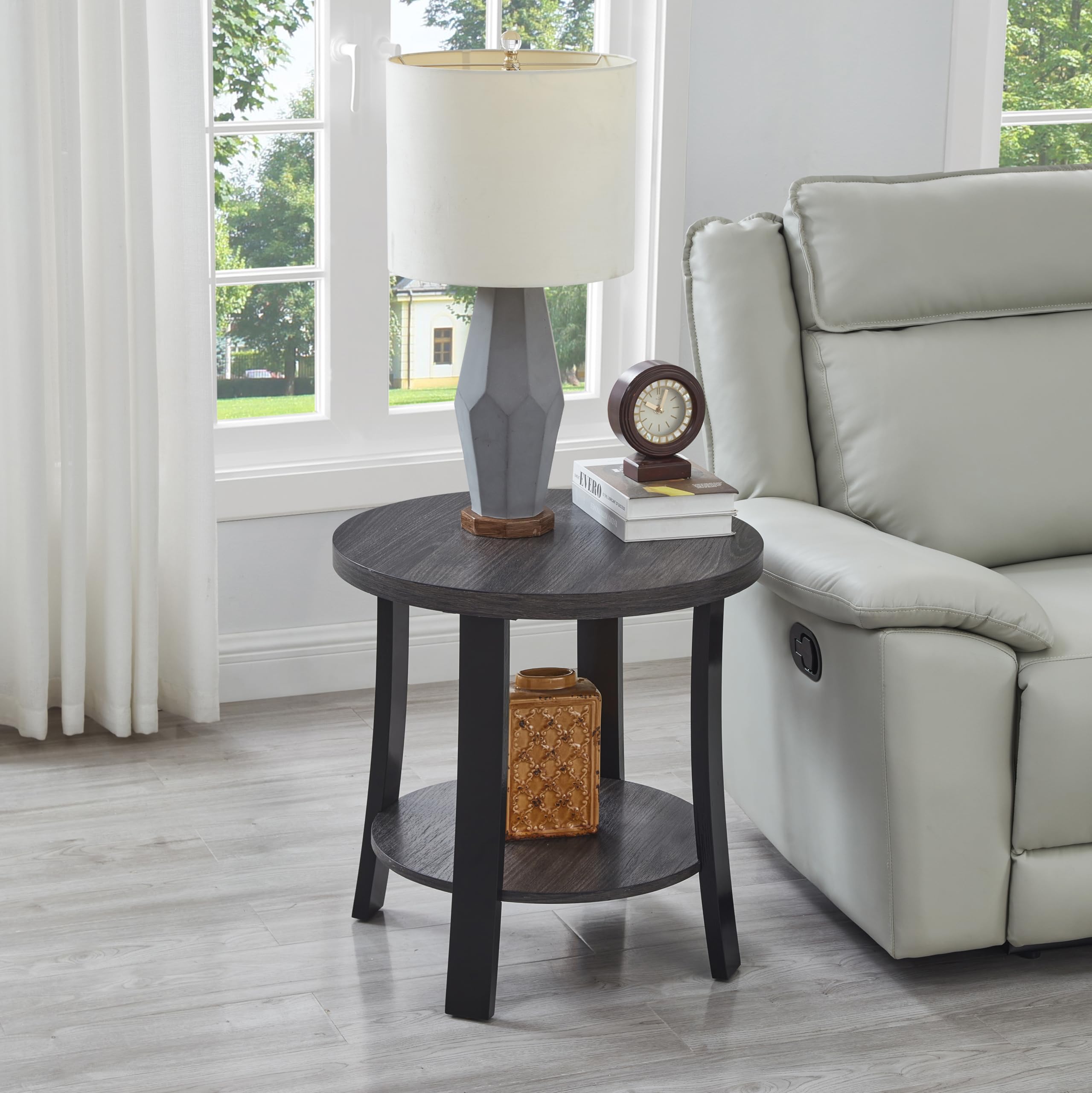 Anze Contemporary Round Wood Shelf End Table In Charcoal Finish