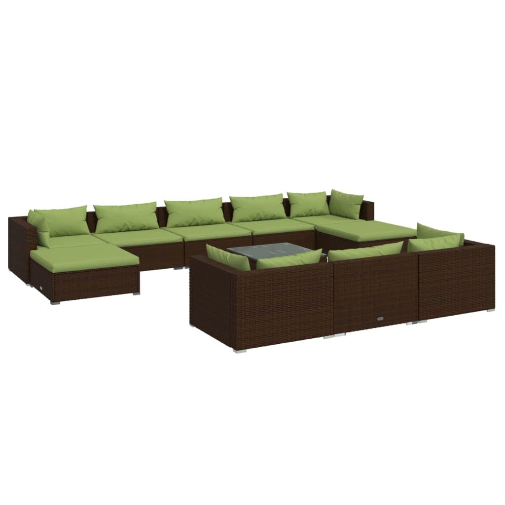 vidaXL 11 Piece Outdoor Patio Lounge Set in Brown Poly Rattan with Comfortable Green Cushions and Glass-top Coffee Table - Modular, Durable and Stylish