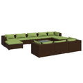 vidaXL 11 Piece Outdoor Patio Lounge Set in Brown Poly Rattan with Comfortable Green Cushions and Glass-top Coffee Table - Modular, Durable and Stylish