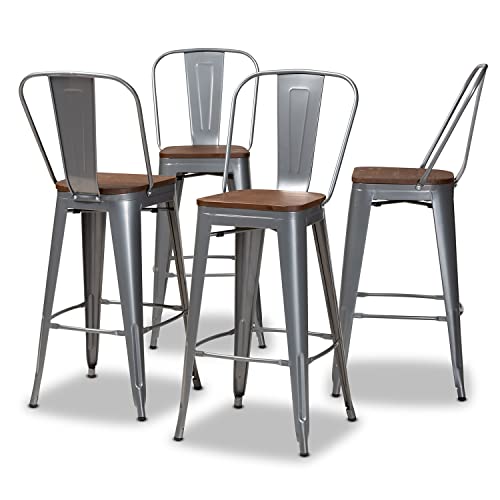 Baxton Studio Rosetta Modern Industrial Grey Metal and Walnut Brown Finished Wood 4-Piece Bar Stool Set