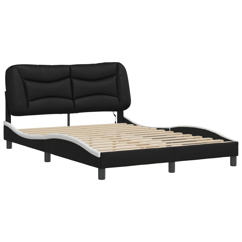 vidaXL LED-Lit Full Size Bed Frame in Black/White - 53.9&quot;x74.8&quot; with Faux Leather Finish, Plywood Slats, and Comfort Headboard Cushion