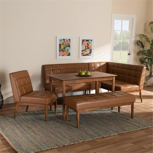 Baxton Studio Sanford Mid-Century Modern Tan Faux Leather Upholstered and Walnut Brown Finished Wood 5-Piece Dining Nook Set
