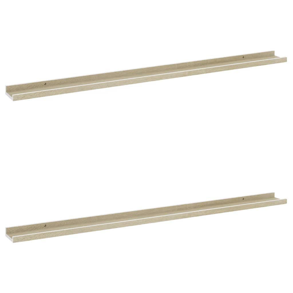 vidaXL 45.3"x3.5"x1.2" Modern Wall Shelves - Set of 2, Durable MDF Construction, White and Sonoma Oak, Easy to Clean, Suitable for Various Display