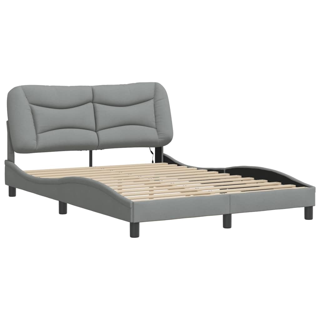 vidaXL Full Bed Frame with LED Lights-Light Gray-53.9"x74.8" Fabric Frame with Plywood Slats and Waved Design