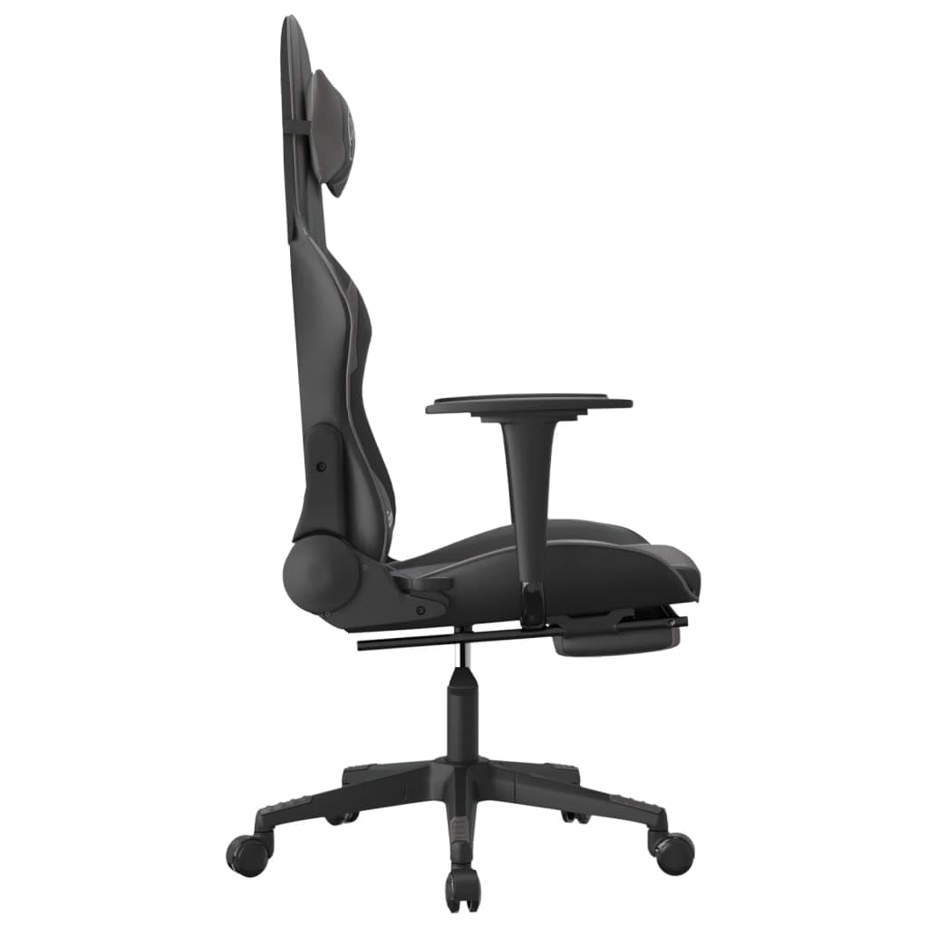 vidaXL Adjustable Gaming Chair - Black and Gray, Faux Leather, Ergonomic Design, 360-Degree Swivel, Rolling Castors, Reclining Backrest and Footrest