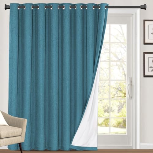 Princedeco 100% Blackout Linen Look Patio Door Curtain 84 Inches Long Extra Wide Thermal Insulated Grommet Curtain Drapes For Living Room/Sliding Glass Door,W100 X L84 Inch, Blue Sapphire