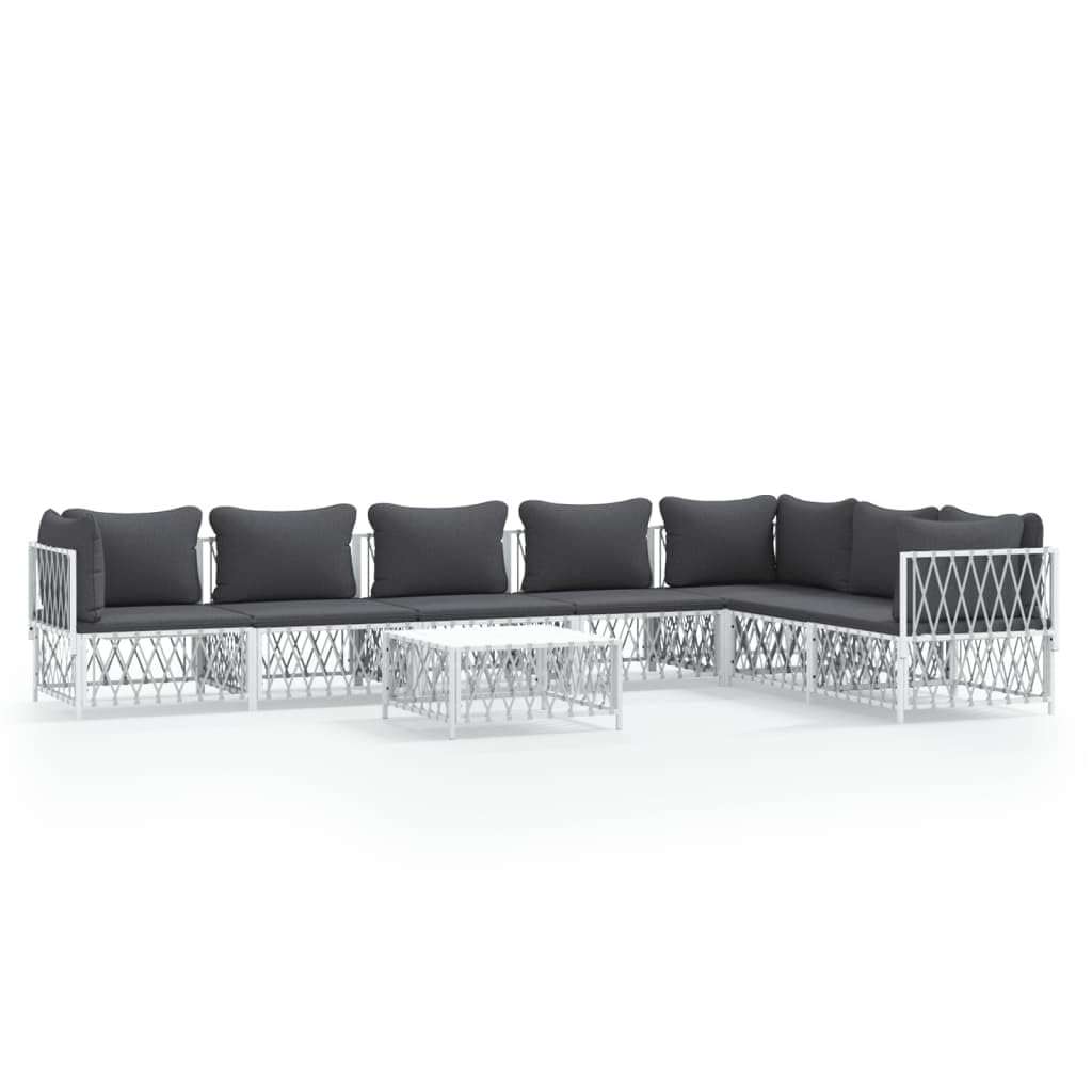 vidaXL 8-Piece Outdoor Patio Lounge Set - White Steel Frame, Durable Woven Fabric Material, Thickly Padded Cushions, Backrest for Extra Comfort and Modular Design