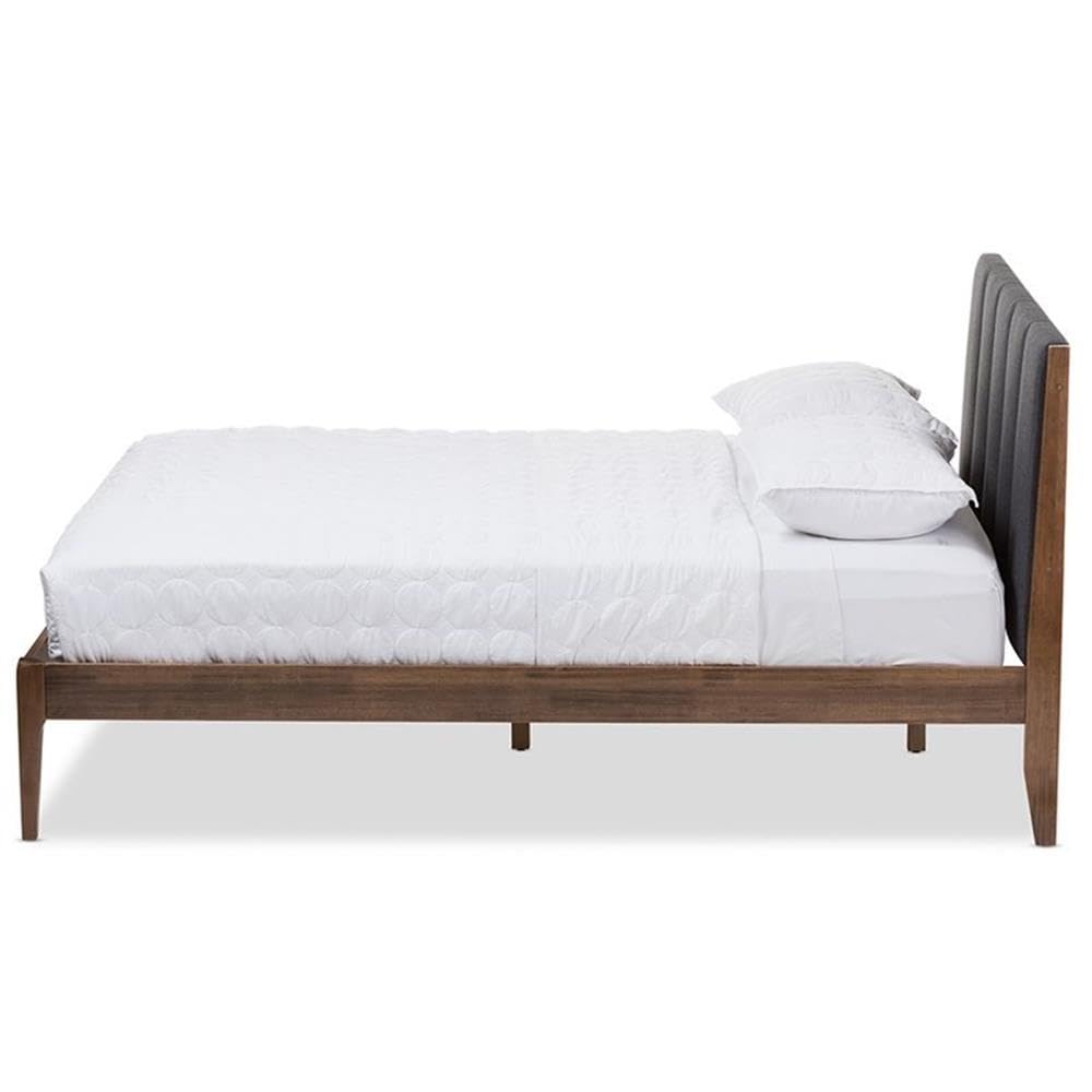 Baxton Studio Ember Mid-Century Dark Grey Fabric and Medium Brown Finish Wood King Size Platform Bed