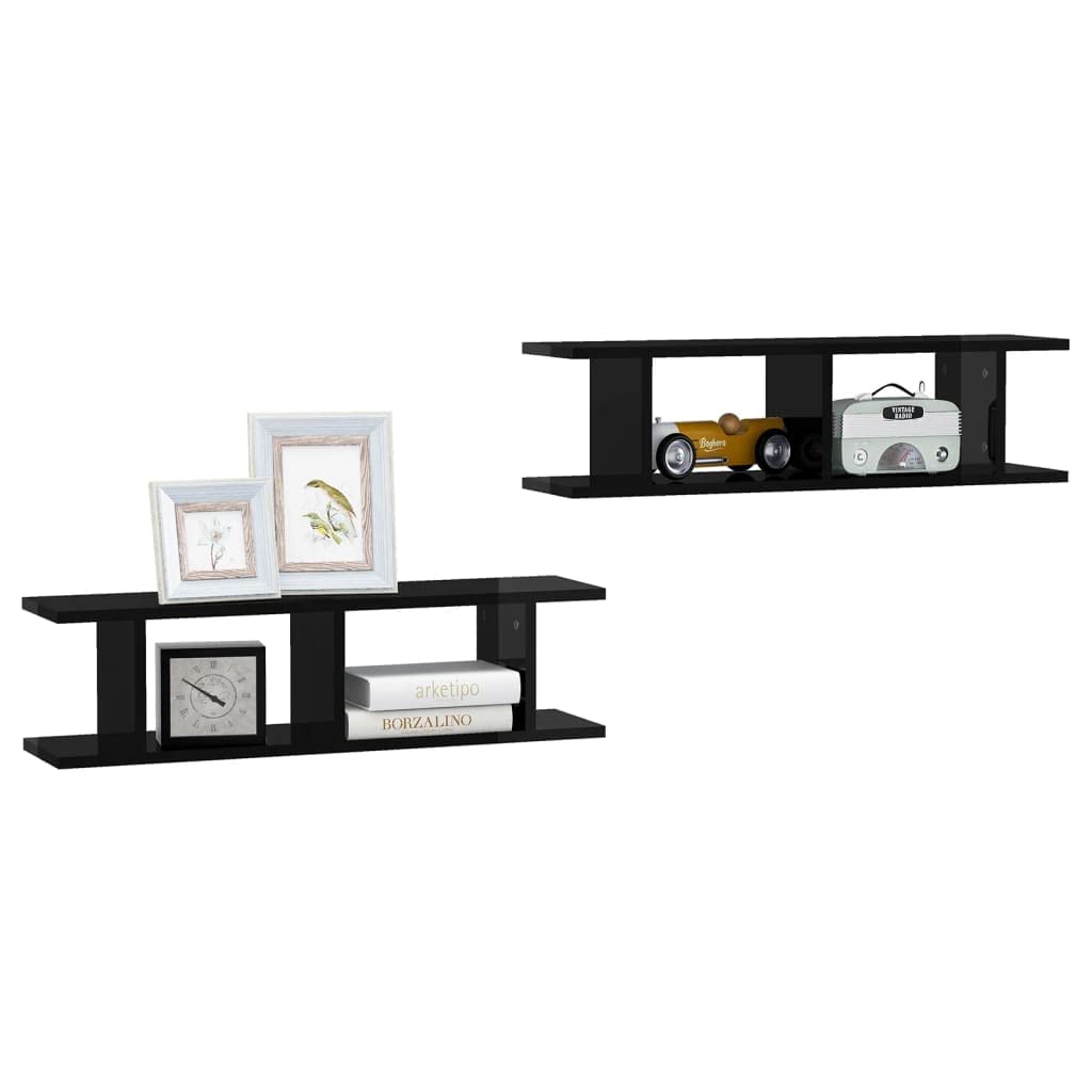 vidaXL Wall Shelves 2 pcs High Gloss Black 29.5"x7.1"x7.9" Engineered Wood