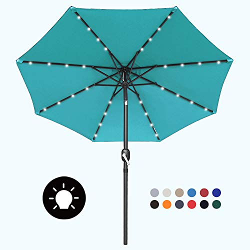 Mastercanopy Patio Umbrella With Solar Led Lights For Outdoor Market Table -8 Ribs(7.5Ft,Turquoise)