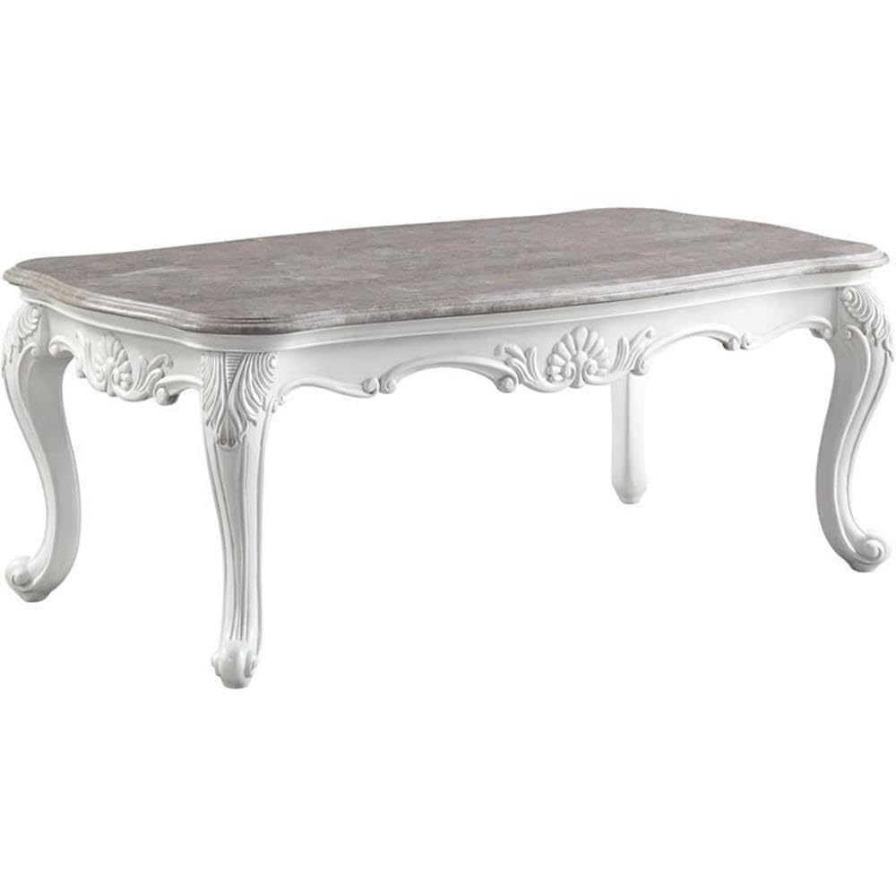 Acme Ciddrenar Marble Top Coffee Table with Queen Anne Legs in White