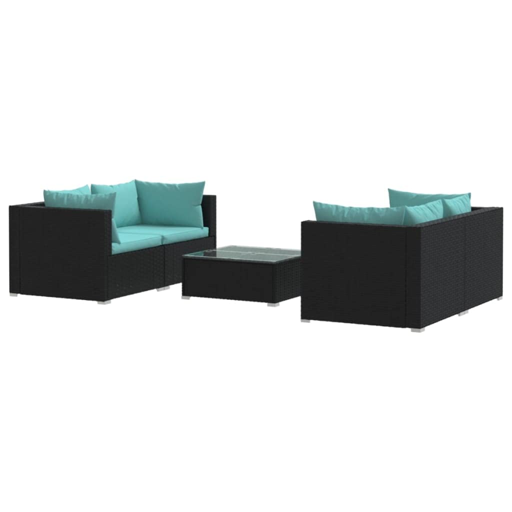 vidaXL 5 Piece Patio Lounge Set - Modular Design, Water-Resistant PE Rattan, Durable Powder-Coated Steel Frame, Comfortable Polyester Cushions, Includes Aqua Cushions and Black Glass Coffee Table