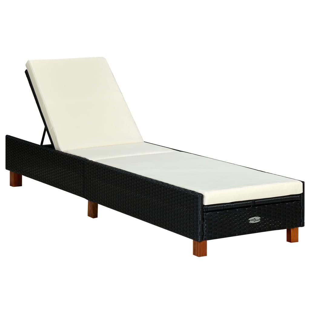 vidaXL Sunbed with Adjustable Backrest and Thick Cushion - Weather-Resistant PE Rattan and Sturdy Acacia Wood Legs - Versatile & Comfortable Outdoor Furniture, Black