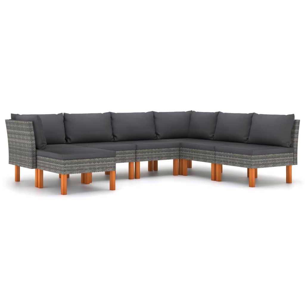vidaXL 7-Piece Patio Lounge Set in Poly Rattan and Solid Eucalyptus Wood - Powder-Coated Steel Structure with Weather-Resistant Cushions in Anthracite Gray