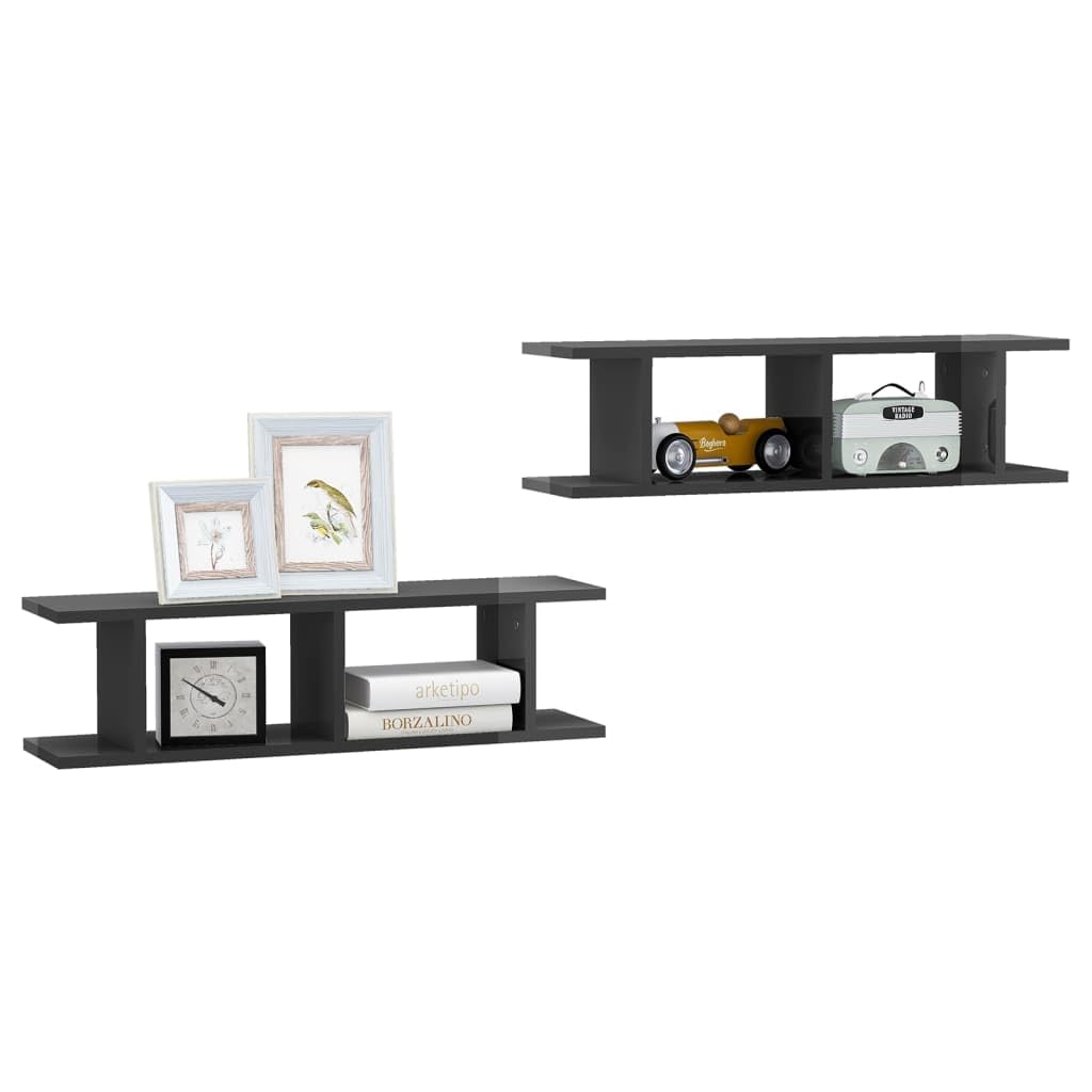 vidaXL Wall Shelves 2 pcs High Gloss Gray 29.5&quot;x7.1&quot;x7.9&quot; Engineered Wood