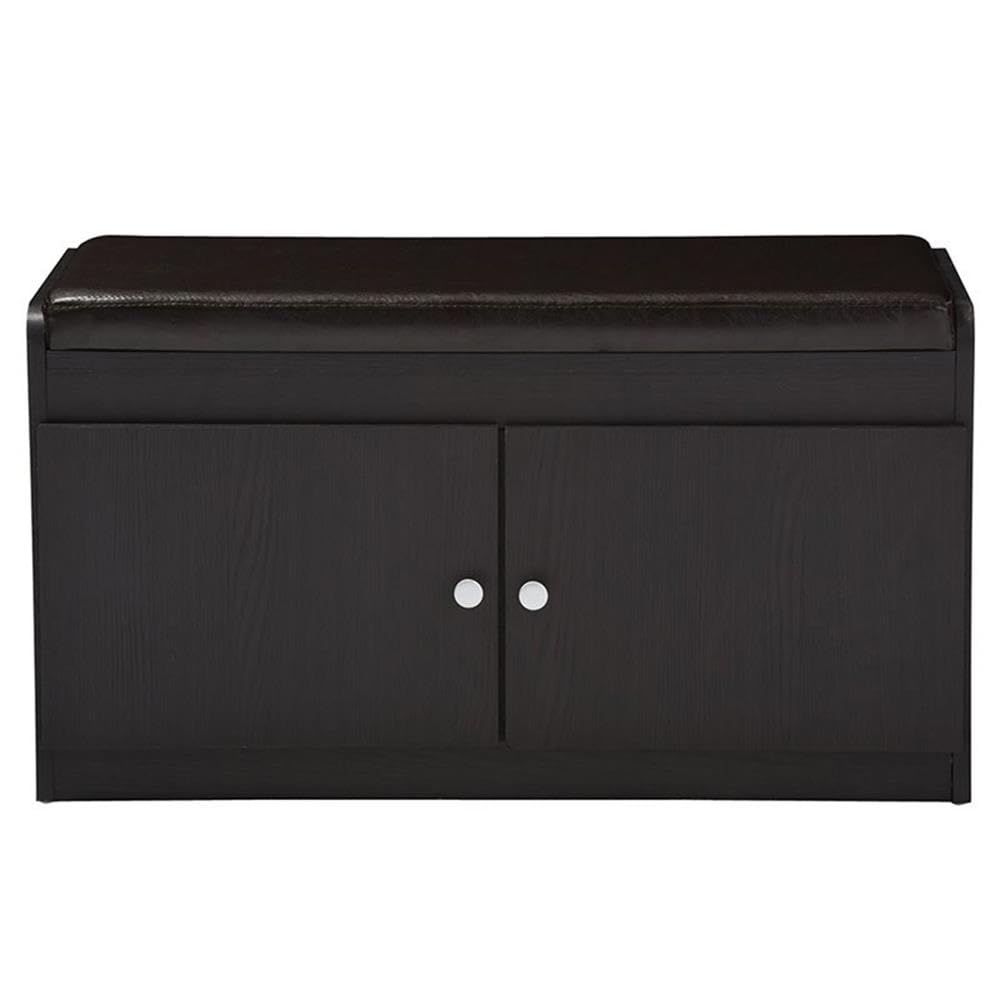 Baxton Studio Margaret Modern & Contemporary Wood 2-Door Shoe Cabinet with Faux Leather Seating Bench, Dark Brown