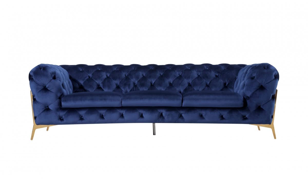 HomeRoots Blue, Gold Contemporary 97' Blue Velvet and Gold Accent Sofa