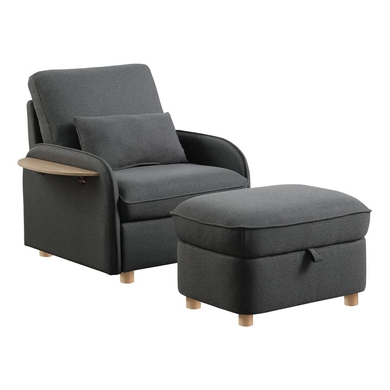 Huckleberry Dark Gray Linen Accent Chair with Storage Ottoman and Folding Side Table