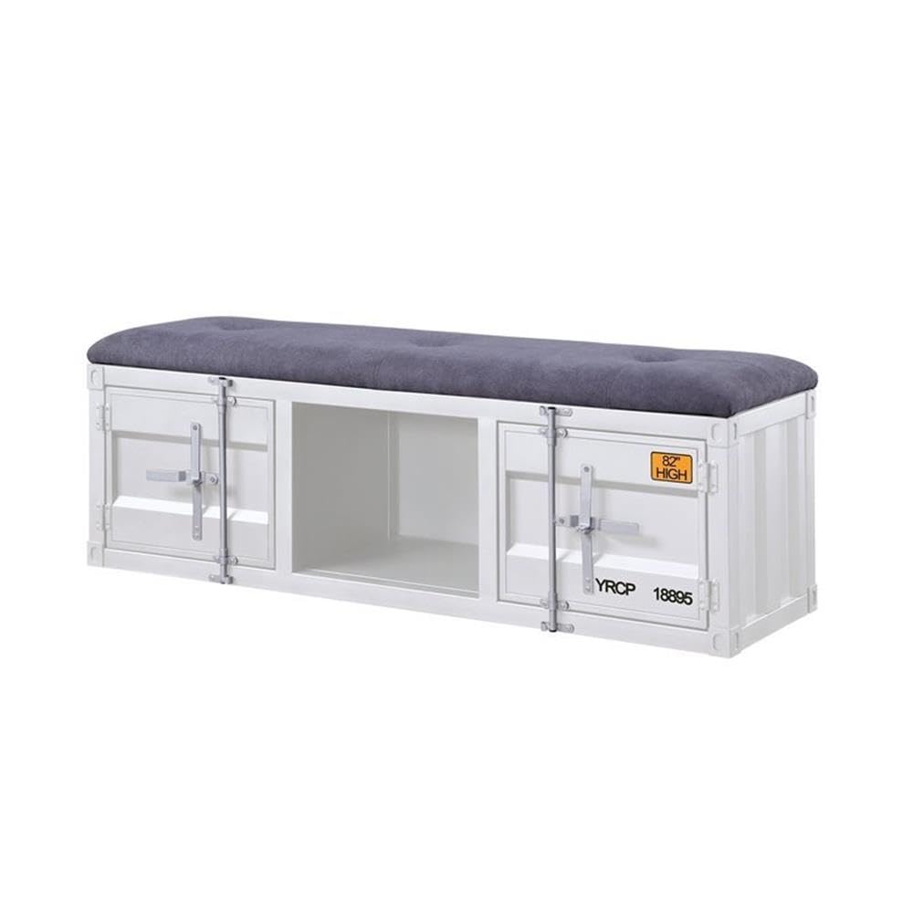 Acme Cargo Storage Bedroom Metal Bench in Gray Fabric & White