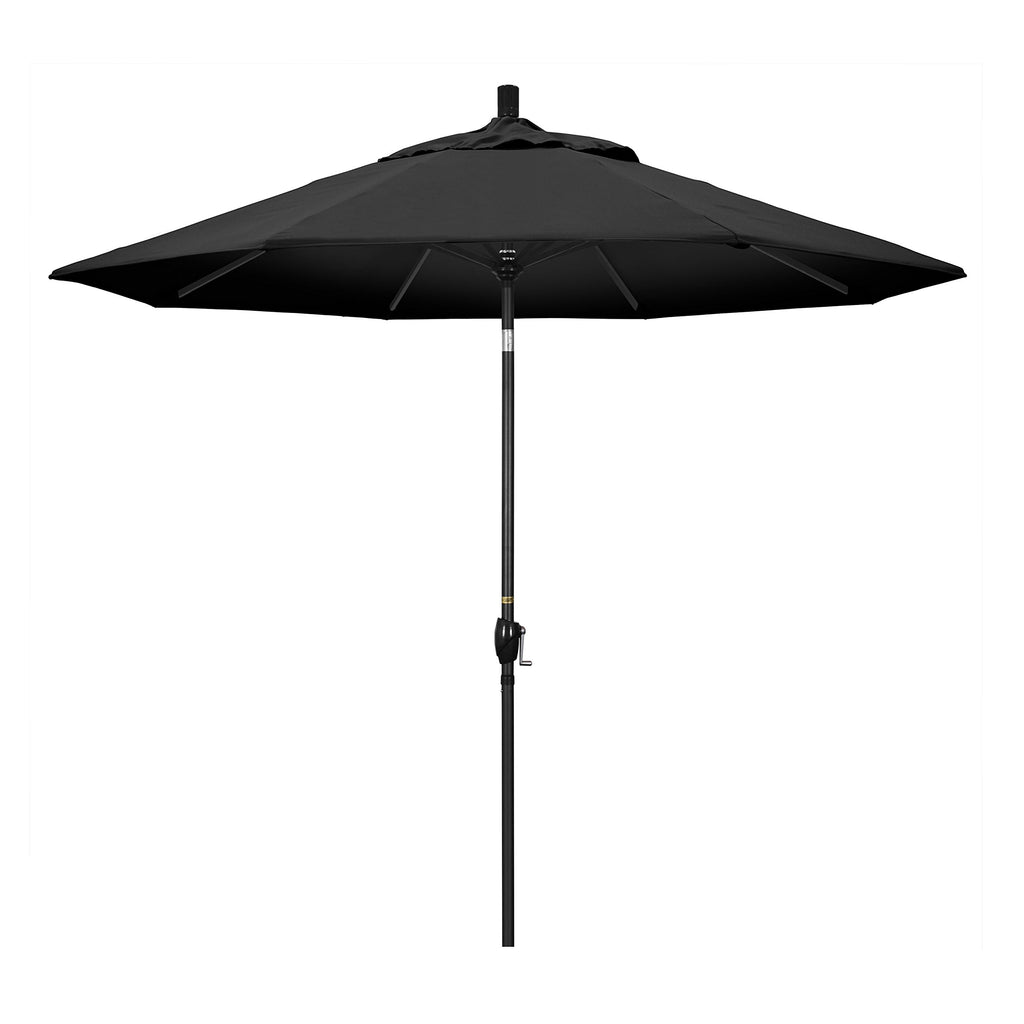 California Umbrella 9' Round Aluminum Market Umbrella, Crank Lift, Push Button Tilt, Black Pole, Black Olefin
