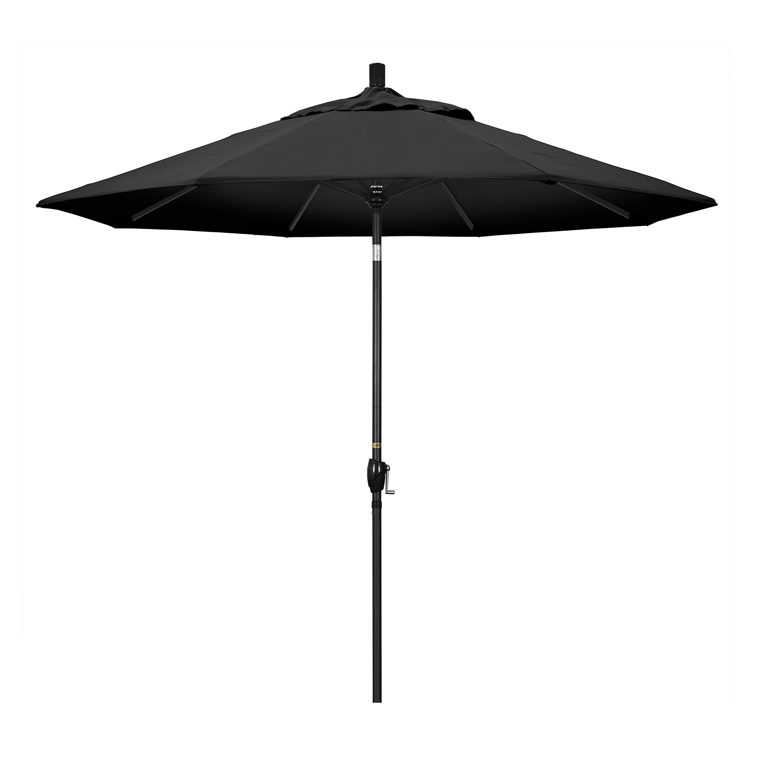 California Umbrella 9' Round Aluminum Market Umbrella, Crank Lift, Push Button Tilt, Black Pole, Black Olefin
