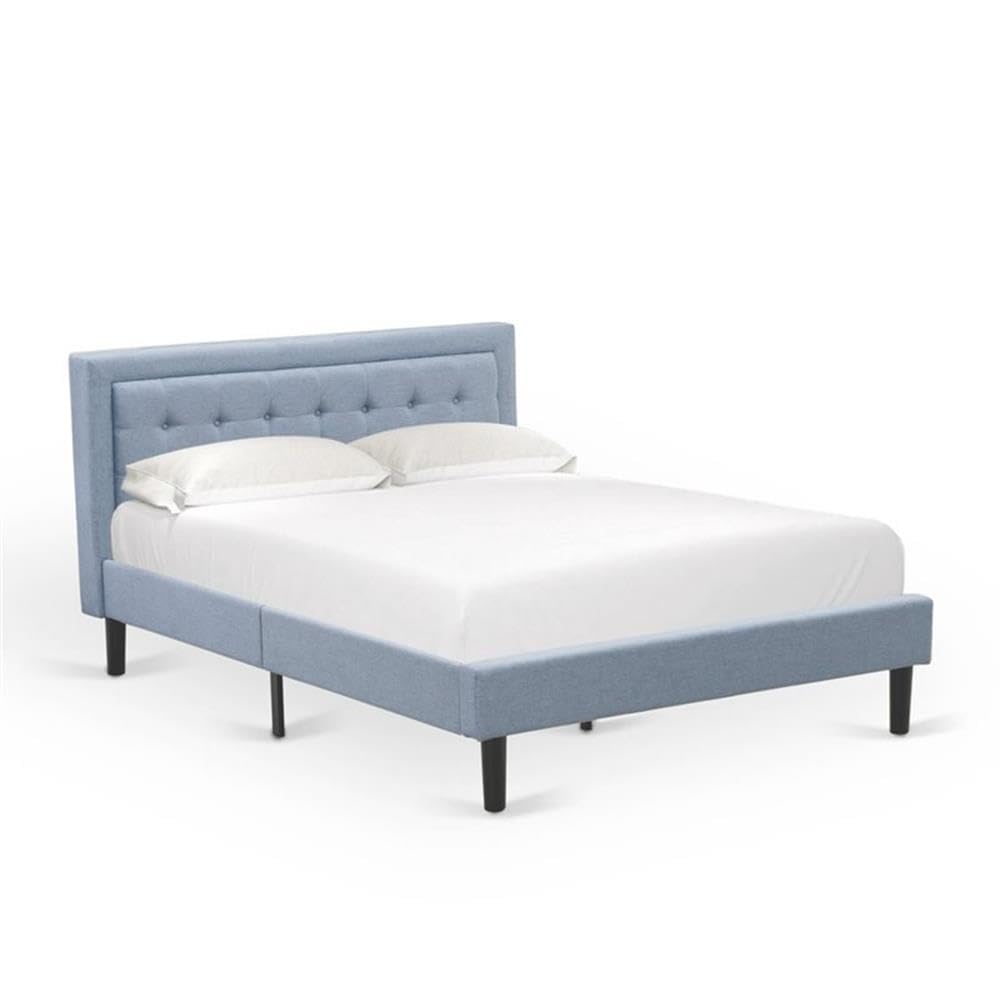 East West Furniture FN11Q-1HA15 2-Piece Platform Queen Bed Set Furniture with 1 Platform Bed and an End Table for Bedroom - Reliable and Durable Construction - Denim Blue Linen Fabric