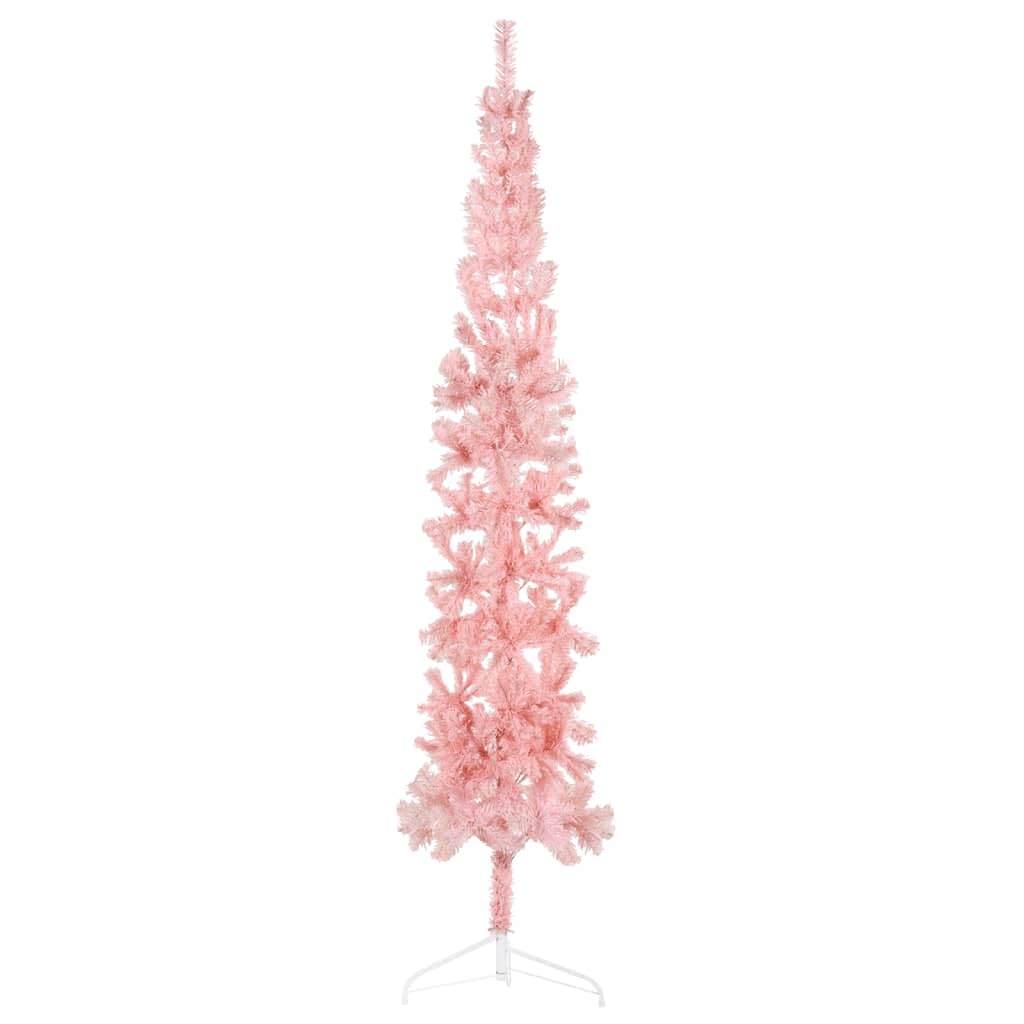 vidaXL Modern Slim Artificial Half Christmas Tree with Stand - Space-Saving 7-ft Pink Xmas Tree with PVC Material and Sturdy Steel Base