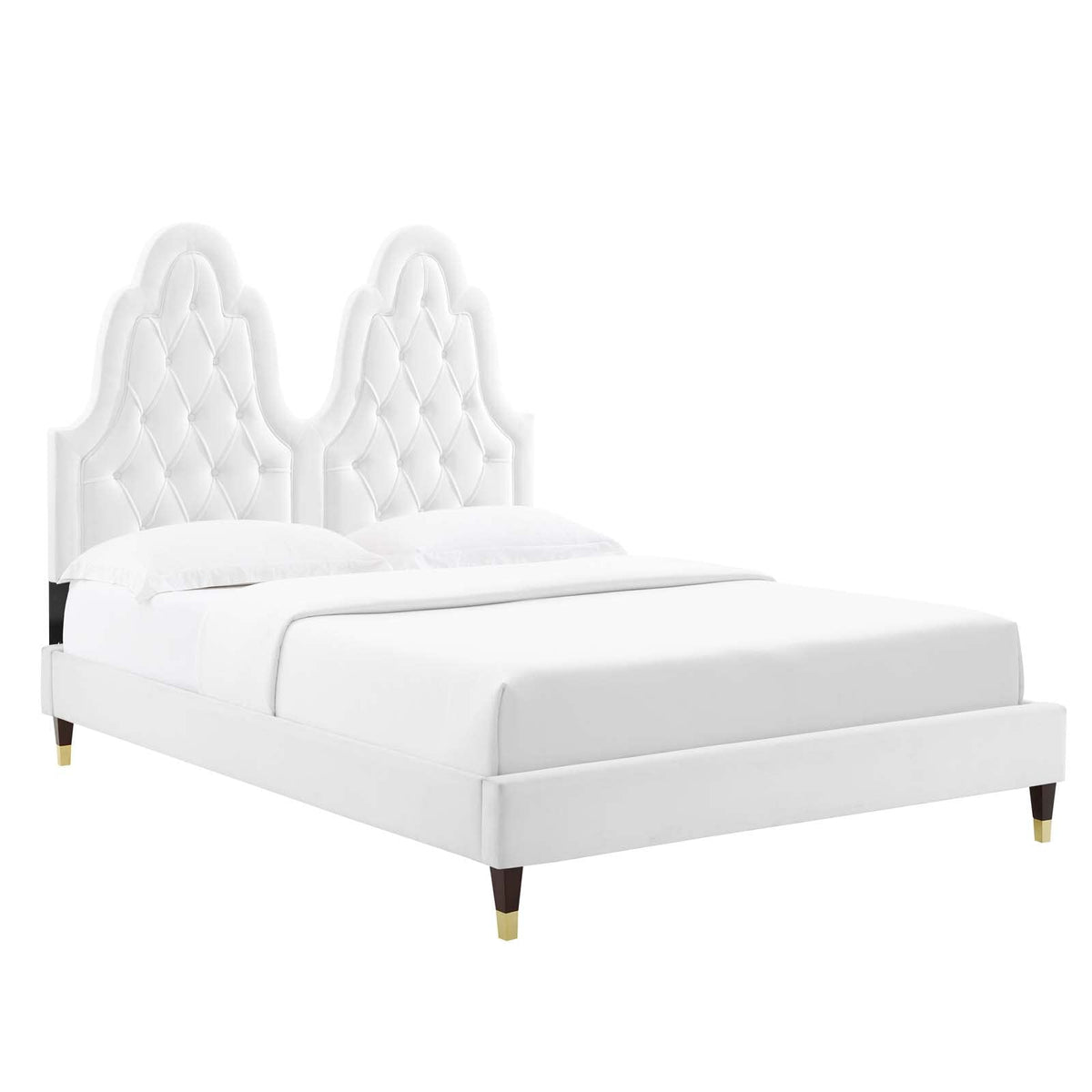 Modway Alexandria Tufted Performance Velvet Queen Platform Bed in White with Wood and Gold Legs