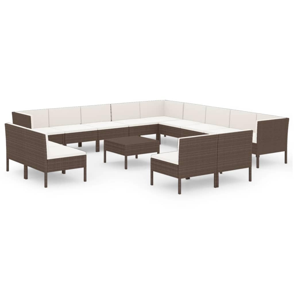 vidaXL Patio Lounge Set 14 Piece, Sectional Sofa for Outdoor, Couch with Cushions, Patio Lounge Set, Farmhouse Modern, Poly Rattan Brown