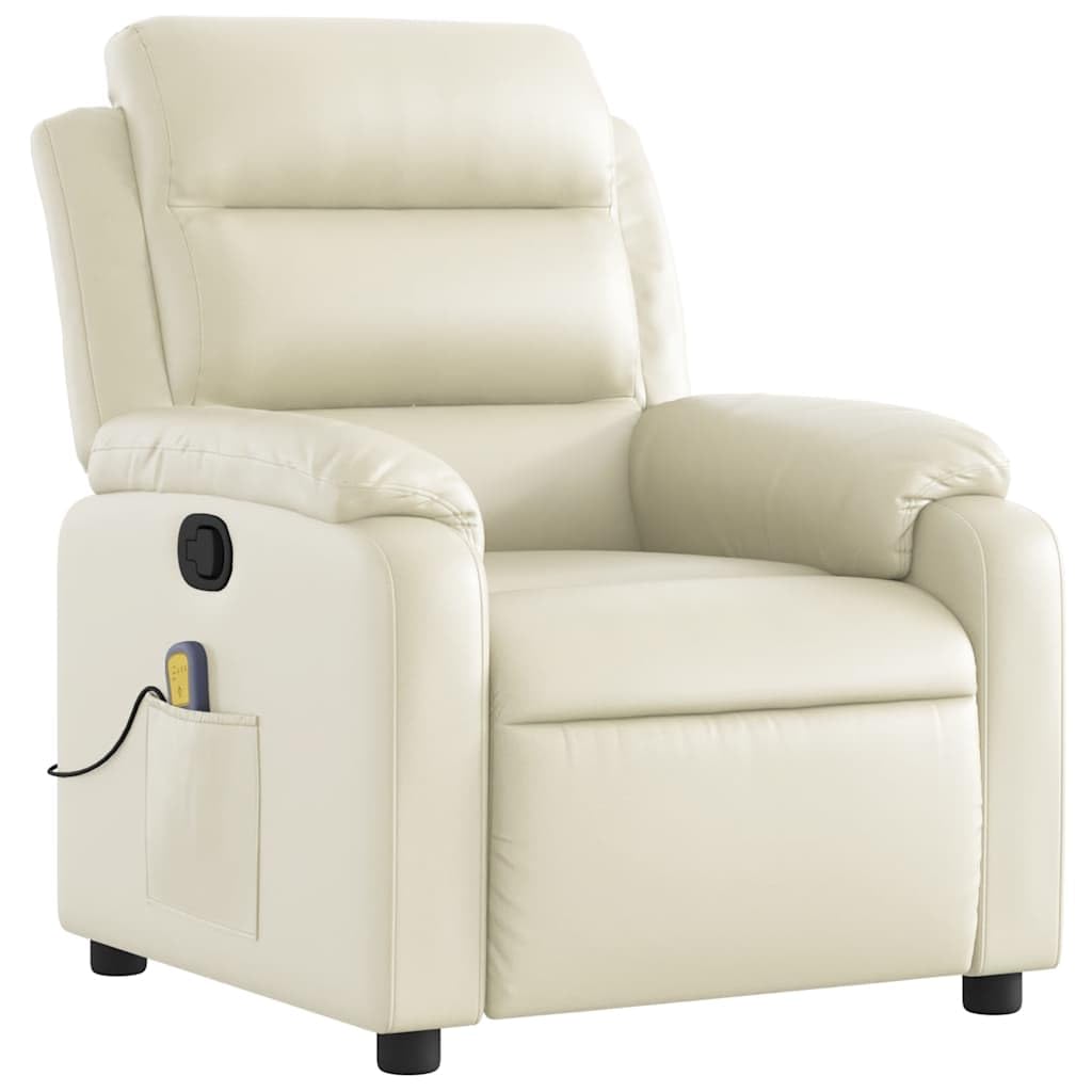 vidaXL Massage Recliner Chair with 6-Point Vibration Massage and Convenient Side Pocket, Cream Leather Rocker, Adjustable Backrest & Footrest Lounge Seat for Living Room, USB Charge Port