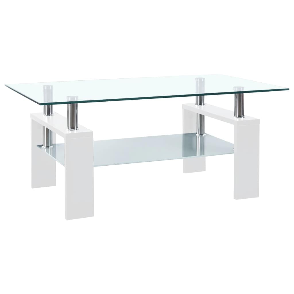 vidaXL White and Transparent Tempered Glass Coffee Table with Extra Storage, Modern Design, Safety Standard Compliance, Easy Cleaning