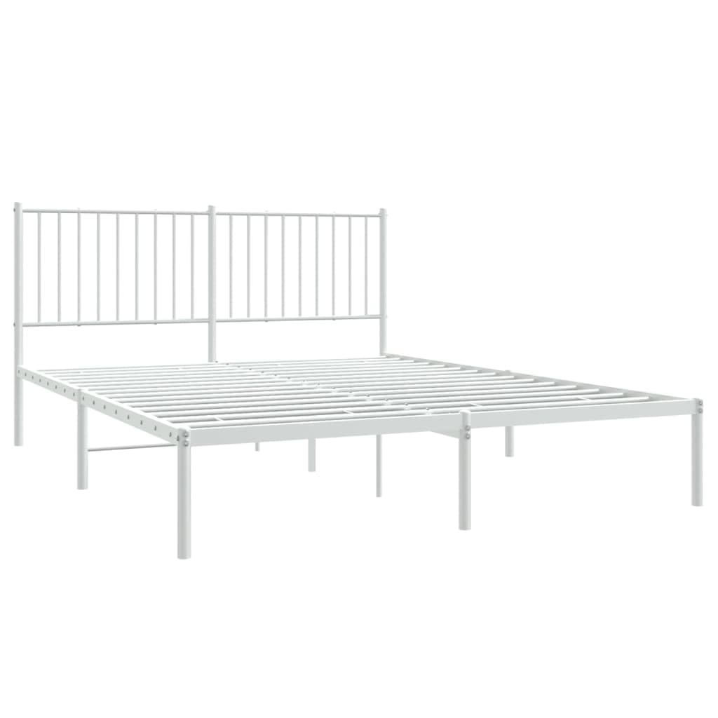 vidaXL Classic White Metal Bed Frame with Headboard, 59.8&quot;x78.7&quot; - Powder-Coated Steel Construction, Excellent Support, Extra Storage Space, Easy Assembly, Industrial Style Double Bed