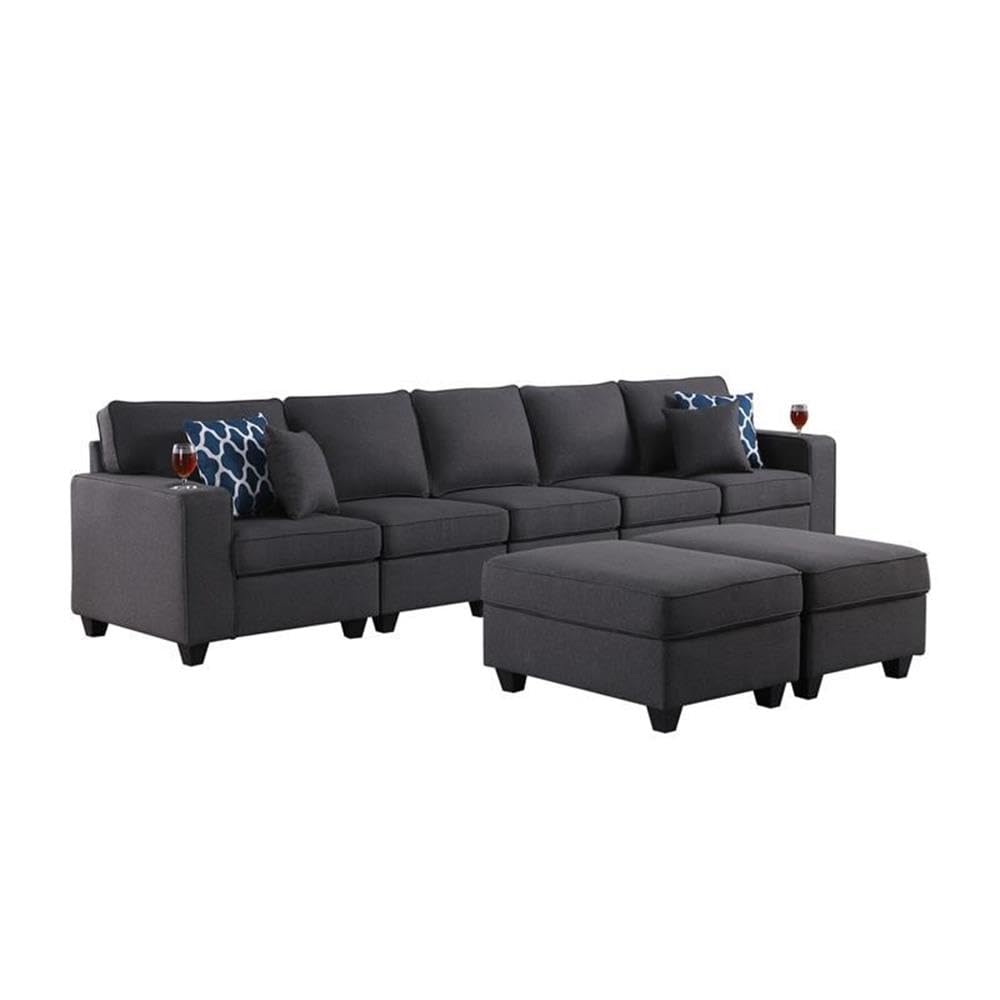 Lilola Home Cooper Dark Gray Linen 5-Seater Sofa with 2 Ottomans and Cupholder