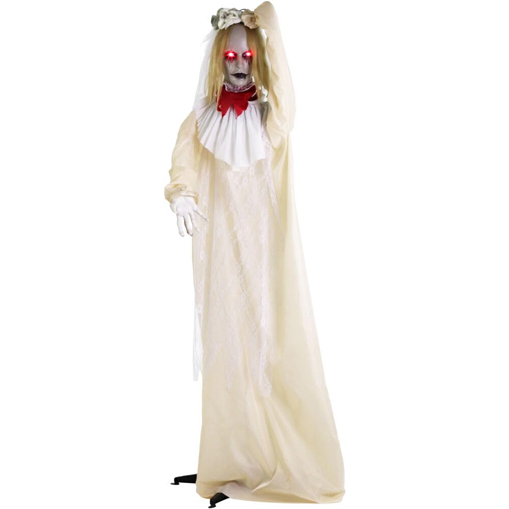 Haunted Hill Farm Animatronic Zombie Bride With Pop-Up Head And Light-Up Eyes For Battery Operated Scary Indoor Or Covered Outdo