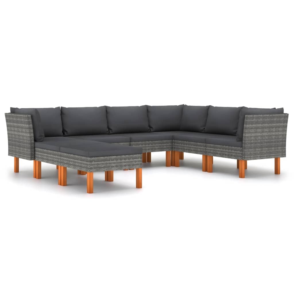 vidaXL 8 Piece Patio Lounge Set with Cushions - Durable, Outdoor, Weather-Resistant with PE Rattan and Solid Eucalyptus Wood Legs - Gray Patio Sofa Set for Garden, Farmhouse Style