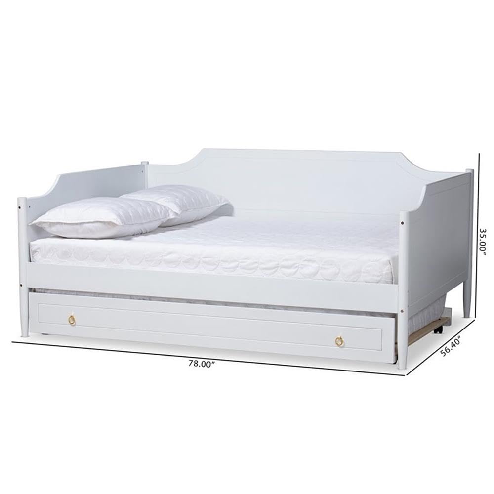 Baxton Studio Alya Classic Traditional Farmhouse White Finished Wood Full Size Daybed with Roll-Out Trundle Bed