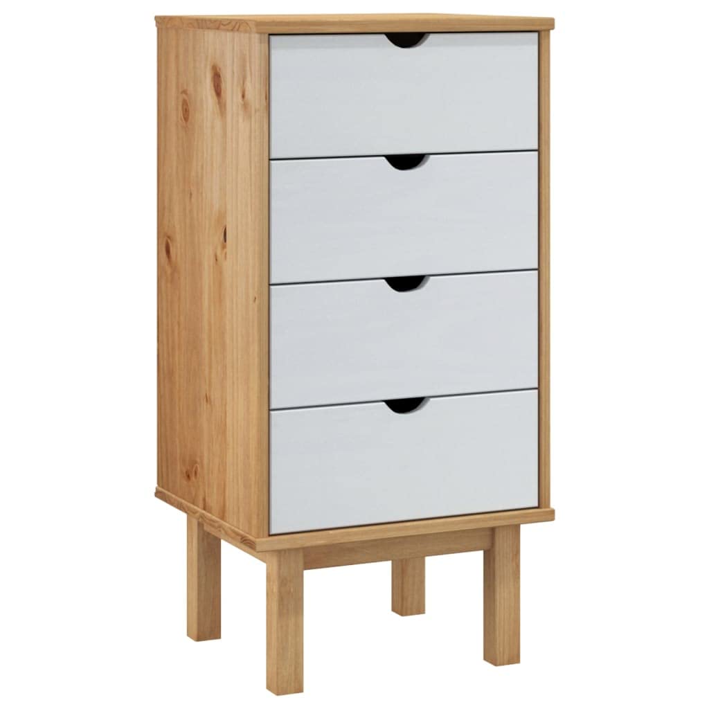 vidaXL OTTA Brown&White Drawer Cabinet - 18.1&quot;x15.6&quot;x35.4&quot; Scandinavian Style Solid Pine Wood 4-Drawer Storage with Sturdy Top and Wall Attachment Device