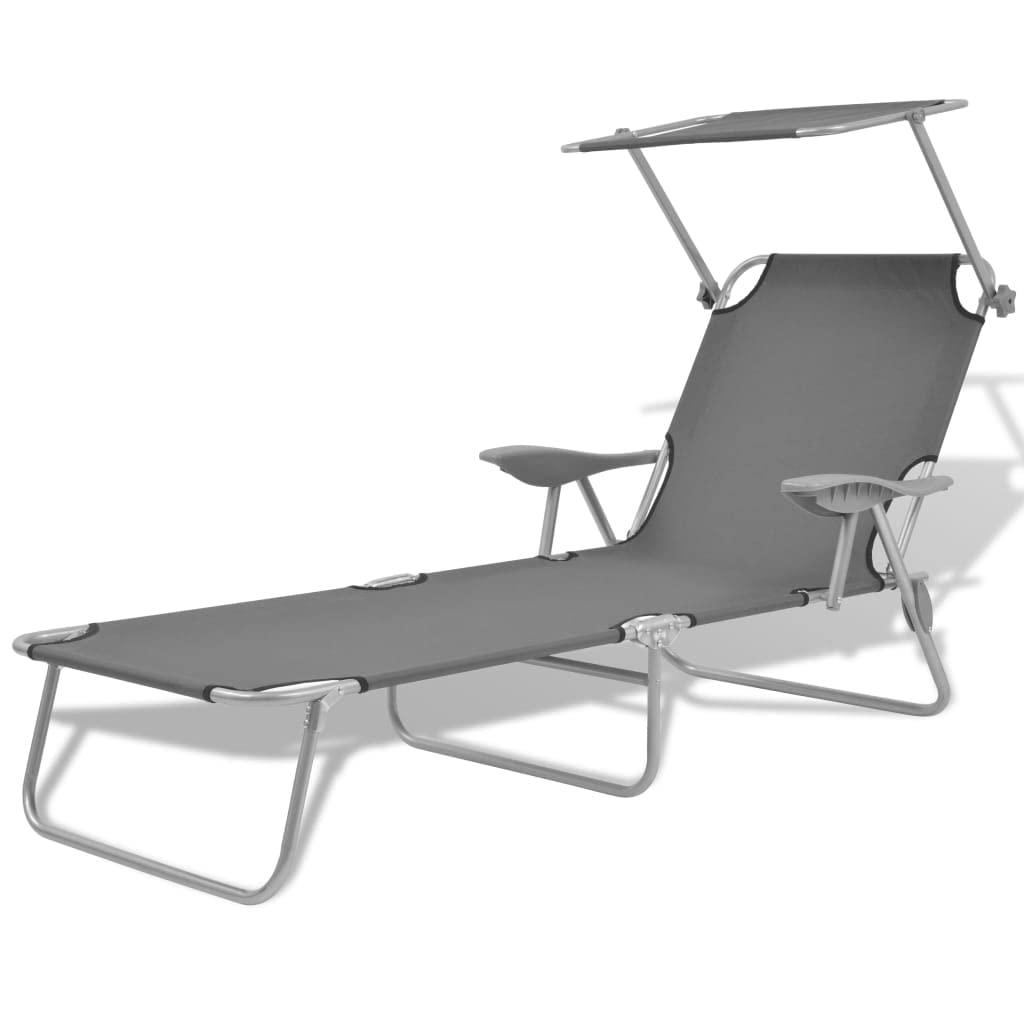 vidaXL Adjustable Sun Lounger with Canopy - Weatherproof Steel Construction - Portable and Foldable Design - Gray Outdoor Lounge Bed.