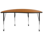 Flash Furniture Mobile 60" Half Circle Wave Collaborative Oak Thermal Laminate Activity Table - Standard Height Adjustable Legs