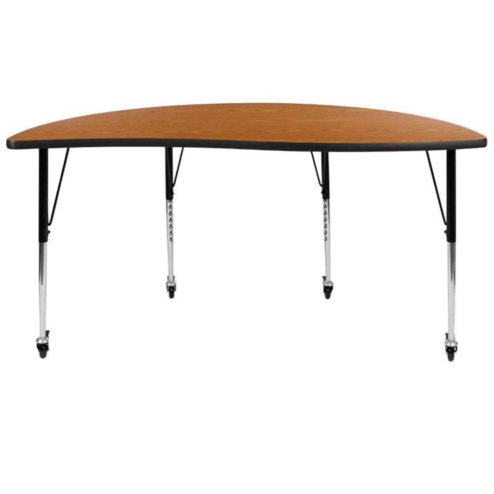 Flash Furniture Mobile 60" Half Circle Wave Collaborative Oak Thermal Laminate Activity Table - Standard Height Adjustable Legs