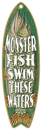 SJT ENTERPRISES, INC. Monster Fish Swim These Waters 5' x 16' Surfboard Wood Plaque Sign (SJT41317)
