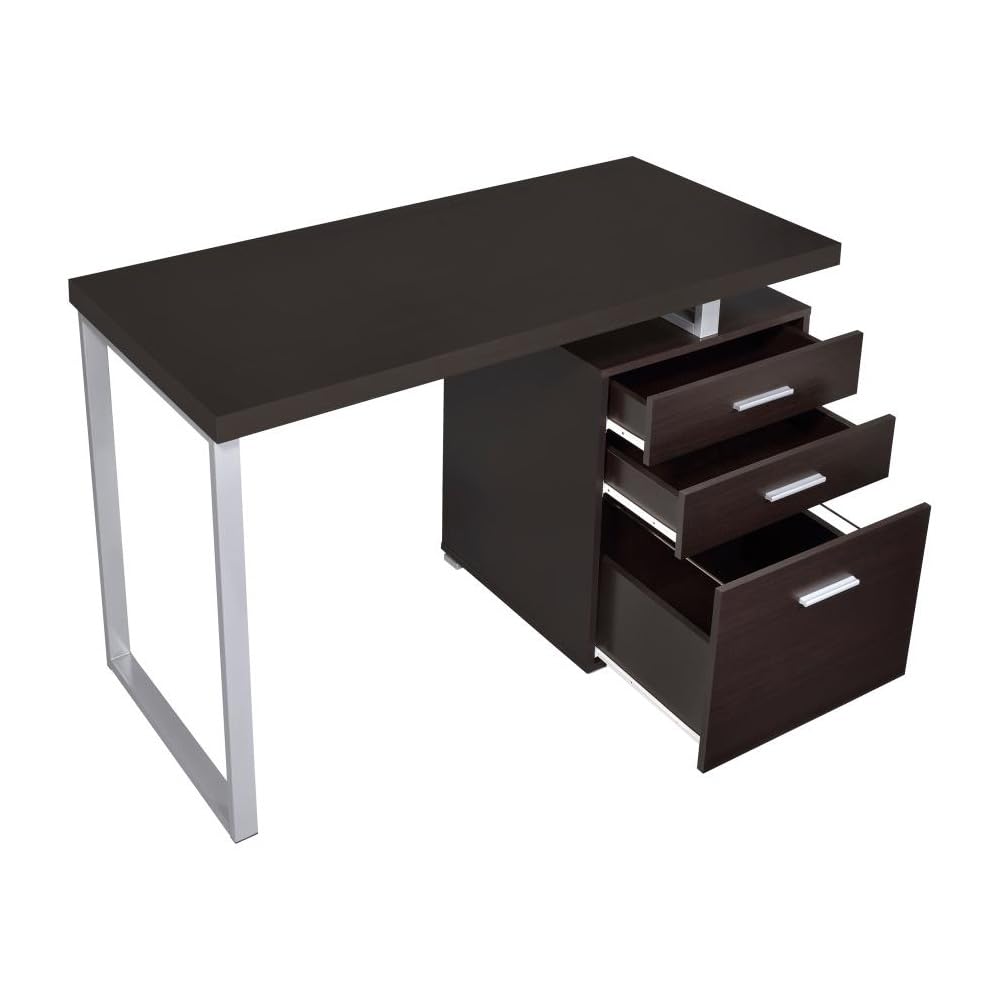 Coaster Home Furnishings Brennan Modern Contemporary Home Office 3-Drawer Writing Desk with Drawers Computer Desk Study Table File Cabinet Storage Silver Metal Frame Cappuccino Brown 800519