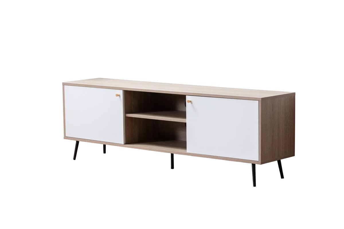 Aurora 69&Quot; Light Brown Wood Finish Tv Stand With 2 White Cabinets And Modular Shelves
