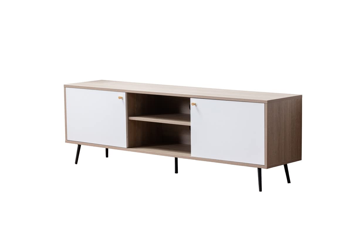 Aurora 69" Light Brown Wood Finish TV Stand with 2 White Cabinets and Modular Shelves