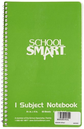 School Smart Spiral Non-Perforated 1 Subject College Ruled Notebook, 9-1/2 X 6 Inches