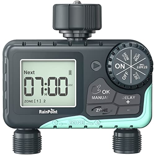 Rainpoint Water Timer For Garden Hose - 2 Zone Sprinkler Timer With Rain Delay/Manual Watering/Automatic Irrigation Controller S